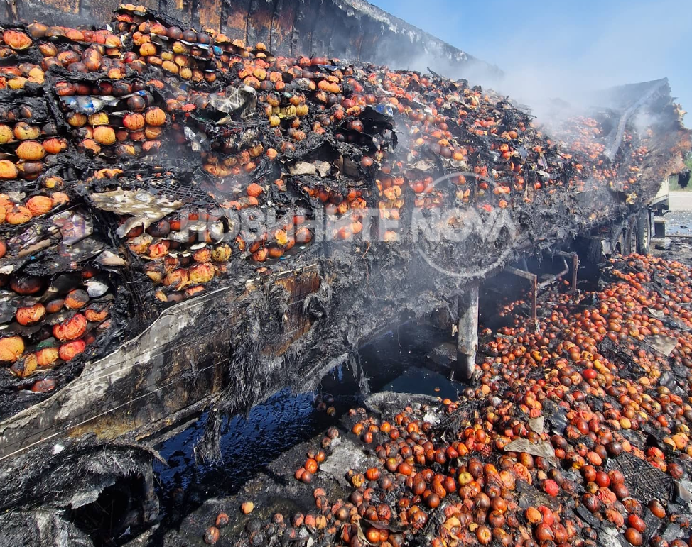 Огнен ад край Стара Загора. Тир, превозващ домати избухна в